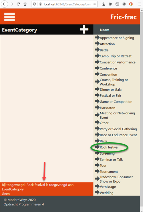 EventCategory - Rij toegevoegd - terug naar Index view 